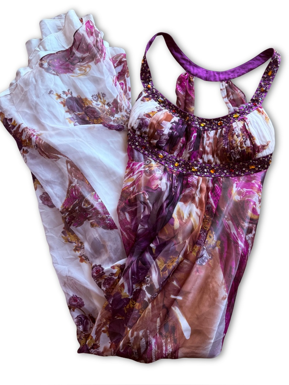 Vintage David & Johnny Purple Floral Maxi Dress with Beaded Bodice